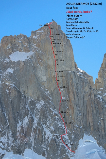 Aguja Mermoz, Patagonia, Matteo Della Bordella, Leo Gheza, Sean Villanueva - The topo of '¿Qué mirás, bobo?' on the East Face of Aguja Mermoz in Patagonia (Matteo Della Bordella, Leo Gheza, Sean Villanueva 10-11/01/2023)