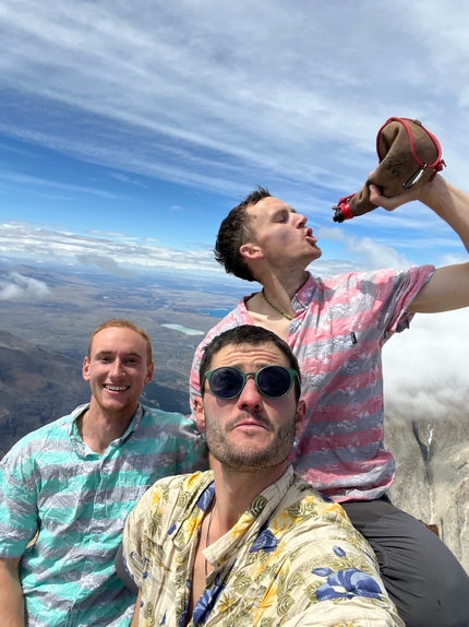 Torres del Paine, Patagonia, South African Route, Imanol Amundarain, Cedar Christensen, Tyler Karow - Tyler Karow, Cedar Christensen and Imanol Amundarain on the summit of Central Tower, Torres del Paine, Patagonia, in January 2023 after having made a team-free ascent of the South African Route