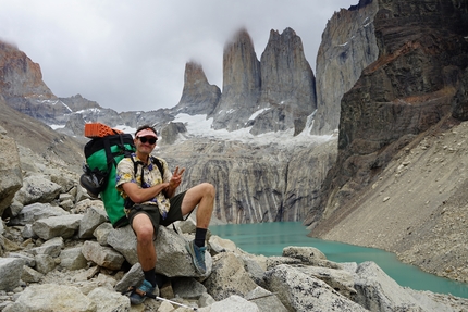 Torres del Paine, Patagonia, South African Route, Imanol Amundarain, Cedar Christensen, Tyler Karow - Imanol Amundarain below the Torres del Paine, Patagonia, January 2023