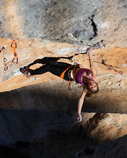 Michaela Kiersch, La Rambla, Siurana, Spain - American climber Michaela Kiersch sending her first 9a+, La Rambla (9a+) at Siurana, Spain.