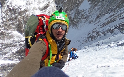 Annapurna - Adam Bielecki climbing the brittle ice on Annapurna I north west face at about 6300m with Felix Berg and Rick Allen, 2017
