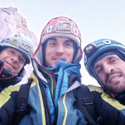 Aguja Guillaumet, Patagonia, Alessandro Baù, Claudio Migliorini, Francesco Ratti - Francesco Ratti, Alessandro Baù and Claudio Migliorini on 31/01/2022  while making the first ascent of 'Wake Up', east face of Aguja Guillaumet, Patagonia