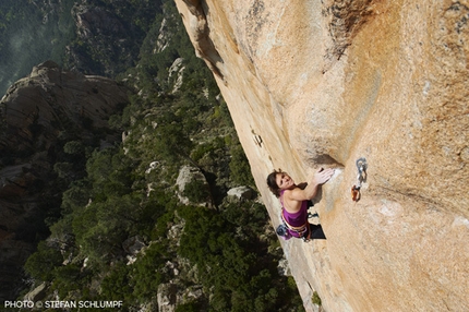 Delicatessen, Corsica - Swiss climber Nina Caprez making the third ascent (and first female ascent) of Délicatessen at Punta d’u Corbu at Col de la Bavella, Corsica