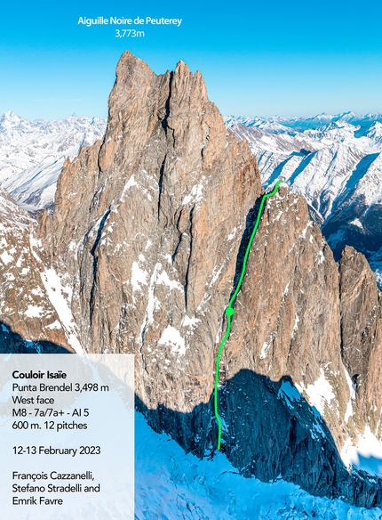 Aiguille Noire du Peuterey, Monte Bianco, François Cazzanelli, Emrik Favre, Stefano Stradelli - Couloir Isaïe alla Punta Brendel, Aiguille Noire du Peuterey (François Cazzanelli, Emrik Favre, Stefano Stradelli 12-13/02/2023)