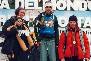 Ice World Cup Valle di Daone 2001 - The female podium Ines Papert, Liv Sansoz and Ildi Pellissier, Ice World Cup Valle di Daone 2001