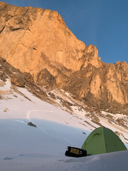 Stefano Ragazzo, Moulin Rouge, Rosengarten, Dolomites - Golden hour on the west face of Rotwand / Roda di Vael, the night before Stefano Ragazzo's solo winter ascent of Moulin Rouge