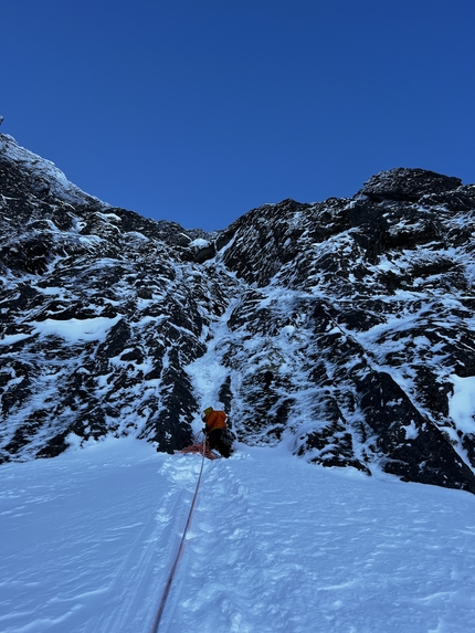 Grytetippen, Senja, Norway, Fay Manners, Freja Shannon - How not to on (M5, 250m) on the north face of Grytetippen, Senja island, Norway (Fay Manners, Freja Shannon 03/2023)