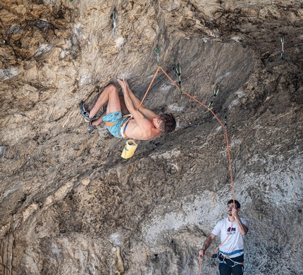 Alex Megos, Mišja Peč, Slovenia - Alex Megos at Mišja Peč in Slovenia attempting to flash the historic 8c+ 'Za Staro Kolo in Majhnega Psa', first ascended in 1992 by Tadej Slabe.