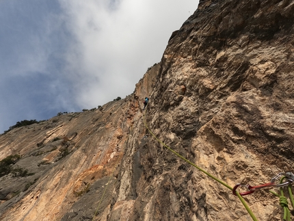 Sardinia, Punta su Mulone, Marco Pellegrini, Giulia Orlandi - Marco Pellegrini making the first ascent of Giumar, Punta su Mulone, Baunei, Sardinia (Giulia Orlandi, Marco Pellegrini 2021)