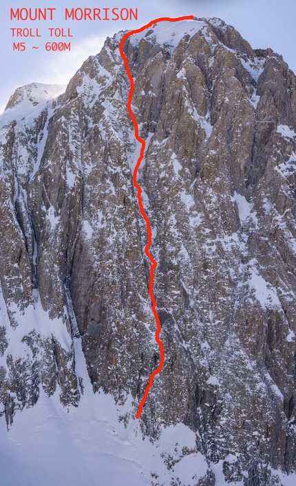 Mount Morrison, California, Jack Cramer, Tad McCrea, Vitaliy Musienko - Il tracciato di Troll Toll (600m, M5) parete ENE di Mount Morrison in California, USA (Jack Cramer, Tad McCrea, Vitaliy Musienko 14-15/04/2023)