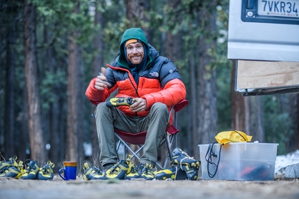 Siebe Vanhee, Dawn Wall, El Capitan, Yosemite - Difficult choices: Siebe Vanhee prepping for the Dawn Wall on El Capitan in Yosemite, January 2022