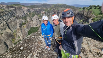 Meteora, Greece, Luca Giupponi, Rolando Larcher, Maurizio Oviglia - Summit selfie: Luca Giupponi, Maurizio Oviglia and Rolando Larcher during the first ascent of Pythagoras at Meteora in Greece