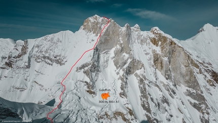 Meru, India, Simon Gietl, Mathieu Maynadier, Roger Schäli  - The line of 'Goldfish' 800m, M6+ A1) on Meru in India, climbed alpine style by Simon Gietl, Mathieu Maynadier and Roger Schäli in May 2023