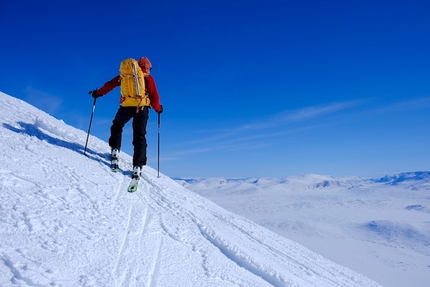 Cammino del Sarek, Circolo Polare Artico - Cammino del Sarek, Circolo Polare Artico. Massimo Marconi verso la cima della Borgtoppen, la seconda vetta del massiccio dell’Ahkka, il panorama si apre a 360° verso un mare di montagne e rilievi coperti di neve
