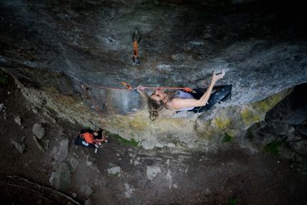 Lena Herrmann sends Shangri-La (8c+) in Frankenjura, Germany