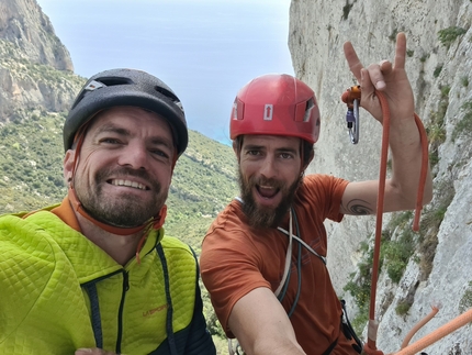 Punta Argennas, Sardinia, Mathias Mandi, Klaas Willems - Klaas Willems and Mathias Mandi making the first ascent of 'I Ribelli Della Montagna' on Punta Argennas in Sardinia