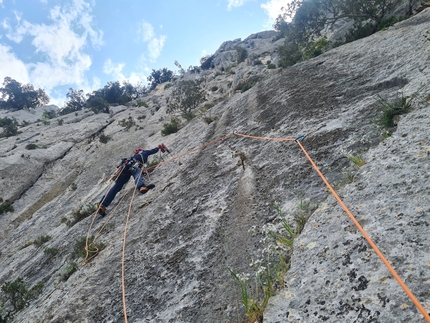 Punta Argennas, Sardinia, Mathias Mandi, Klaas Willems - Mathias Mandi and Klaas Willems making the first ascent of 'I Ribelli Della Montagna' on Punta Argennas in Sardinia