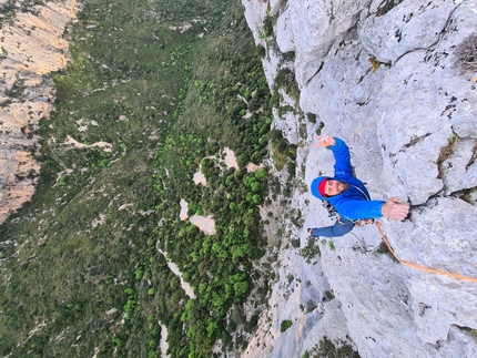 Punta Argennas, Sardinia, Mathias Mandi, Klaas Willems - Mathias Mandi making the first ascent of 'I Ribelli Della Montagna' on Punta Argennas in Sardinia