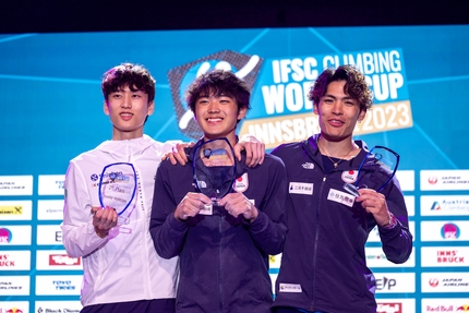 Coppa del Mondo Boulder Innsbruck - 2. Dohyun Lee 1. Sorato Anraku 3. Tomoa Narasaki, Coppa del Mondo Boulder 2023