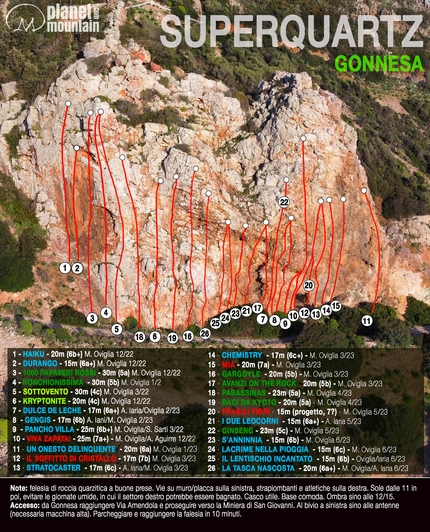 Superquartz, Sardinia - The topo of the crag Superquartz at Gonnesa in Sardinia