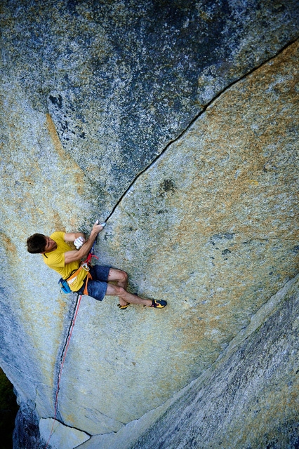 Didier Berthod, Squamish, Canada - Didier Berthod making the first free ascent of The Crack of Destiny 5.14 on The Chief at Squamish in Canada