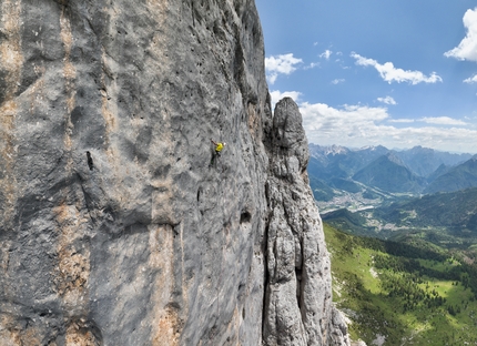 Spiz d’Agner, Dolomites, Barbari nel TAO, Nicolò Geremia, Mirco Grasso - Nicolo Geremia and Mirco Grasso making the first ascent of Barbari nel TAO, Spiz d’Agner, Dolomites