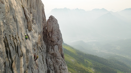 Spiz d’Agner, Dolomites, Barbari nel TAO, Nicolò Geremia, Mirco Grasso - Nicolo Geremia and Mirco Grasso making the first ascent of Barbari nel TAO, Spiz d’Agner, Dolomites