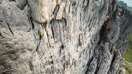 Spiz d’Agner, Dolomites, Barbari nel TAO, Nicolò Geremia, Mirco Grasso - Nicolo Geremia and Mirco Grasso making the first ascent of Barbari nel TAO, Spiz d’Agner, Dolomites