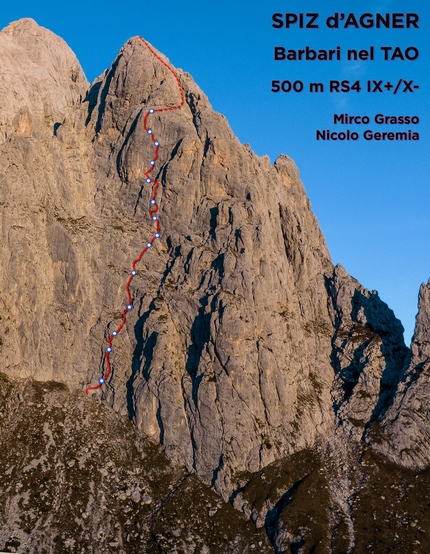 Spiz d’Agner, Dolomiti, Barbari nel TAO, Nicolò Geremia, Mirco Grasso - Il tracciato di Barbari nel TAO, Spiz d’Agner, Dolomiti, aperta da Nicolo Geremia e Mirco Grasso