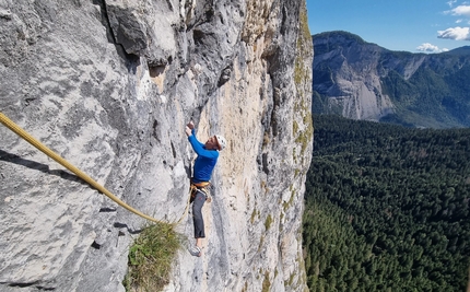 Cima Cee, Val di Tovel, Brenta Dolomites, Luca Giupponi, Rolando Larcher - Recessione Globale on Cima Cee in the Brenta Dolomites: Luca Giupponi redpointing pitch 6