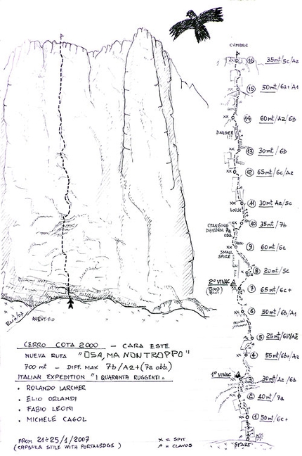 'Osa, ma non troppo', Cerro Cota 2000 (Paine, Patagonia) - Elio Orlandi, Michele Cagol, Fabio Leoni, Rolando Larcher
