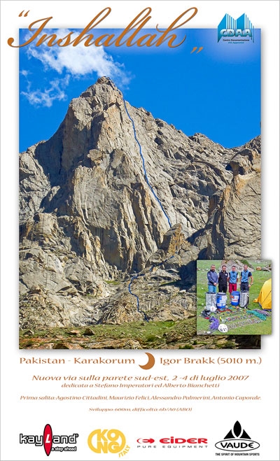 Alpinismo: nuova via sull’ Igor Brakk (Pakistan) - In luglio Agostino Cittadini, Maurizio Felici, Alessandro Palmerini e Toni Caporale hanno aperto Inshallah  (VII, A0, ghiaccio 70°) sull’ Igor Brakk (5010m), Nangmah Valley, Pakistan.