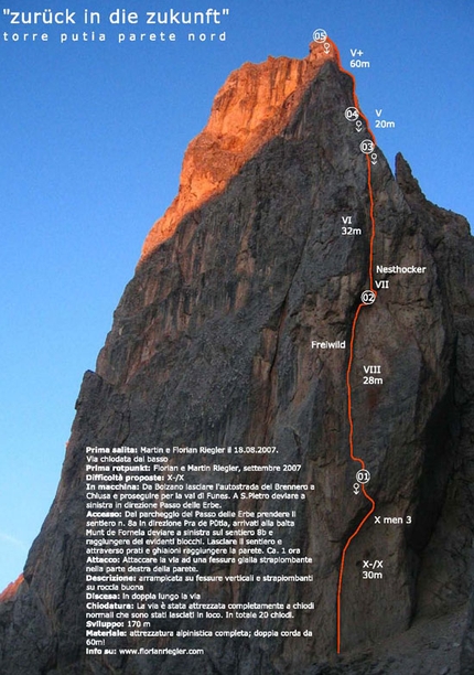 Back to the future in 333 moves - On 16/09/2007 the South Tyroleans Martin and Florian Riegler made the first free ascent of Zurück in die Zukunft - Ritorno al futuro (X-), the route they had first ascended on 18 August 2007 on the north face of Torre Putia, in the Puez-Odle group in the Dolomites (Italy).