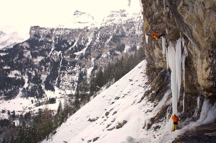 Jasper and Rathmayr ice climbing fest in Bernese Oberland - Over three days at the start of January Robert Jasper from Germany and Bernd Rathmayr from Switzerland ascended three immense icefalls in the Bernese Oberland, Switzerland climbing over a kilometer of vertical ice in the Lauterbrunnental and Kandersteg.