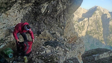 Triglav - At the bivy on Ulina smer (IX, 1000m, Tomaz Jakofcic and Tina Di Batista August 2011), new route up the North Face of Triglav, Slovenia.