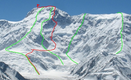 Pik Pobeda - Pik Pobeda, 7439m. From left to right: Abalakov Route, North ridge, 6A, 1956, 2939m.
Smirnov, 1982, Dollar's Route
Denis Urubko Route (Dollar Rod), 2011, 6B.
Verblud (Camel), Sokolov-Gorelik, Pobeda West (6918m, Vazha Pshavela) via
butress of NW Wall, 2009, 6B,
65 °. D. Medzamariashvili, 5B, 1961, West ridge via Pobeda West (6918m, Vazha Pshavela), 8650m, 35º.