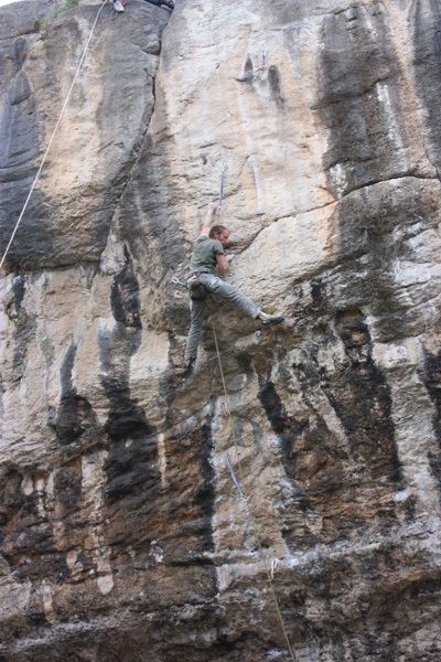Neil Dyer - Neil Dyer on the upper headwall of Megalopa 8c+, Lower Pen Trwyn, North Wales