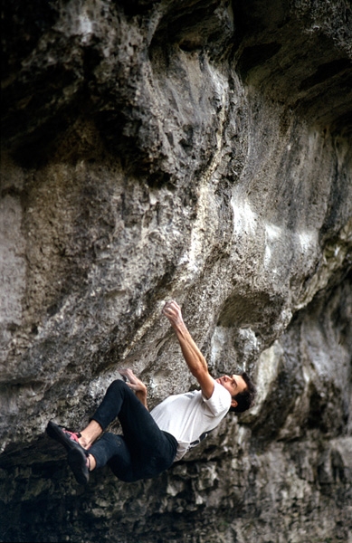 Jerry Moffatt - Jerry Moffatt on his own problem Superman, at Cressbrook, Peak District.