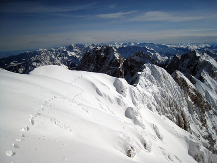 Jof di Montasio South Face, first ski descent of by Luca Vuerich - Luca Vuerich has carried out the first ski descent of the South Face of Jof di Montasio 2753m (Julian Alps).