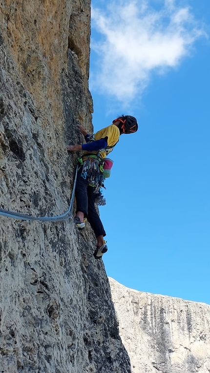 Torre Colfosco, Alta Badia, Dolomiti, Simon Gietl, Andrea Oberbacher - Simon Gietl making the first ascent of 'Back in Black' on Torre Colfosco in Val Badia, Dolomites