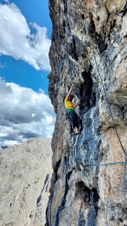 Torre Colfosco, Alta Badia, Dolomiti, Simon Gietl, Andrea Oberbacher - Simon Gietl making the first ascent of 'Back in Black' on Torre Colfosco in Val Badia, Dolomites