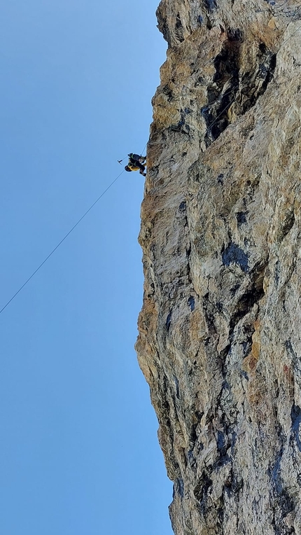 Torre Colfosco, Alta Badia, Dolomiti, Simon Gietl, Andrea Oberbacher - Simon Gietl making the first ascent of 'Back in Black' on Torre Colfosco in Val Badia, Dolomites