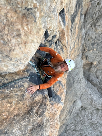 Torre Colfosco, Alta Badia, Dolomiti, Simon Gietl, Andrea Oberbacher - Andrea Oberbacher making the first ascent of 'Back in Black' on Torre Colfosco in Val Badia, Dolomites