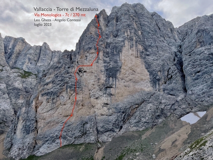 Vallaccia, Dolomites, Torre di Mezzaluna, Angelo Contessi, Leo Gheza, Monologica - The topo of Via Monologica on Torre di Mezzaluna in Vallaccia (Dolomites), first ascended by Angelo Contessi, Leo Gheza and Stefano Ragazzo