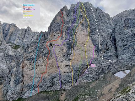 Vallaccia, Dolomites, Torre di Mezzaluna, Angelo Contessi, Leo Gheza, Monologica - Angelo Contessi and Leo Gheza making the first ascent of Via Monologica on Torre di Mezzaluna in Vallaccia (Dolomites)