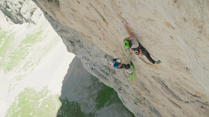 Vallaccia, Dolomites, Torre di Mezzaluna, Angelo Contessi, Leo Gheza, Monologica - Angelo Contessi and Leo Gheza making the first ascent of Via Monologica on Torre di Mezzaluna in Vallaccia (Dolomites)