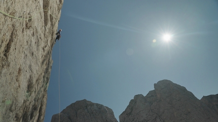 Vallaccia, Dolomites, Torre di Mezzaluna, Angelo Contessi, Leo Gheza, Monologica - Angelo Contessi and Leo Gheza making the first ascent of Via Monologica on Torre di Mezzaluna in Vallaccia (Dolomites)