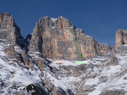 Furcia Rossa, Dolomiti, Hubert Eisendle, Simon Kehrer - I tracciati di 'Hinterm Horizont' e 'Princess Soreghina' alla Furcia Rossa (Fanis, Dolomiti), entrambe di Hubert Eisendle e Simon Kehrer