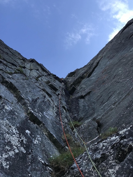 Tågveggen, Norway, Eivind Hugaas, Kalle Olsson - Eivind Hugaas climbing pitch 8 of Skapelsen on Tågveggen in Norway, during the free repeat with Kalle Olsson