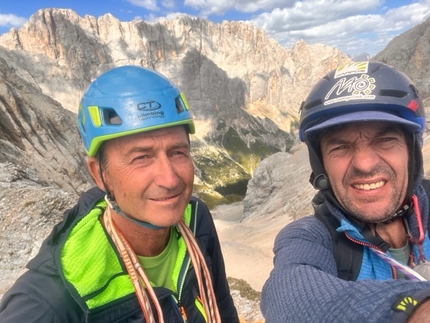 Monte La Banca, Dolomiti, Maurizio Giordani, Nancy Paoletto - Maurizio Giordani e Massimo Faletti durante la libera di 'Bike, Trek & Climb' allo spallone del Monte La Banca (2680m), Dolomiti